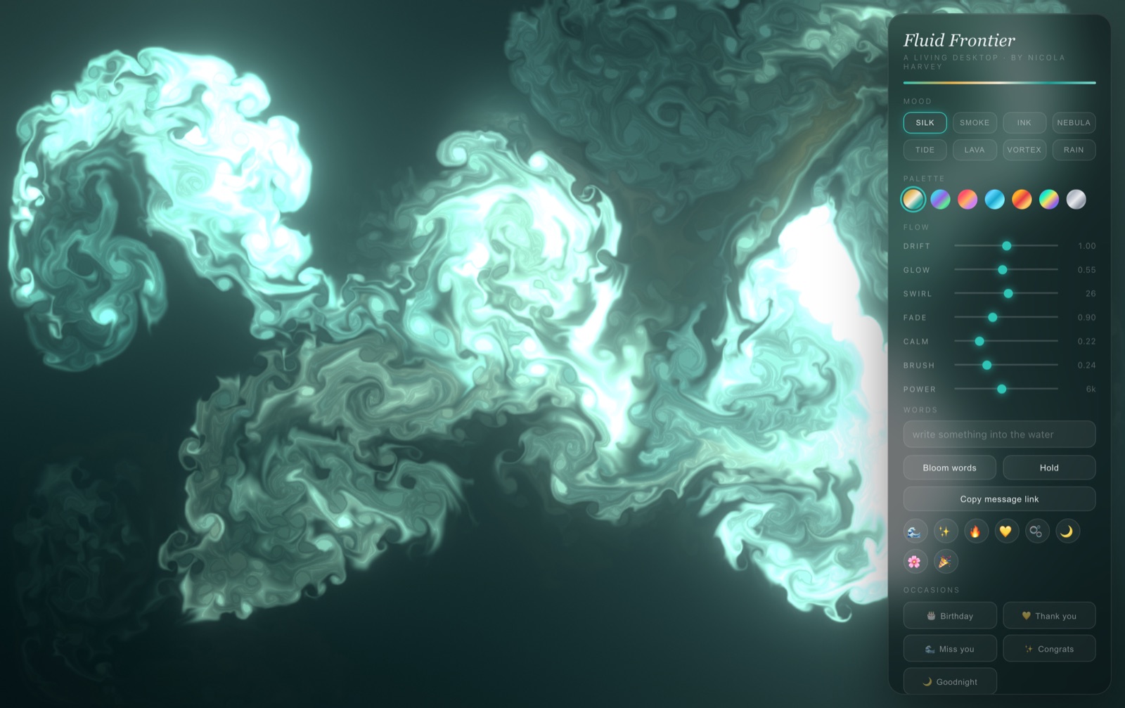 Fluid Frontier running with the control panel open over a flowing current