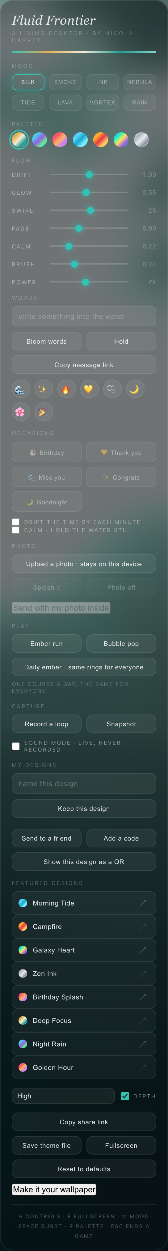 The full Fluid Frontier control panel: moods, palette, flow sliders, words, emoji, photo, games, capture, sound mode, designs, quality and wallpaper